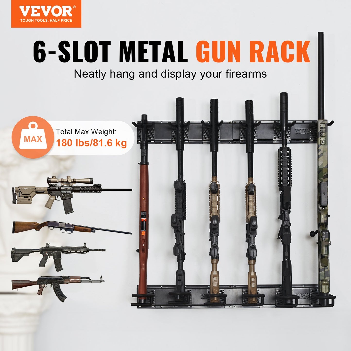 6-Slot Metal Wall Gun Rack - Heavy-Duty Rifle & Shotgun Wall Mount with Soft Padding