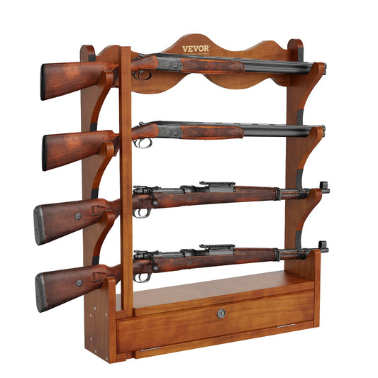 Wooden Wall Gun Rack – 4-Slot Rifle And Shotgun Holder with Lockable Compartment