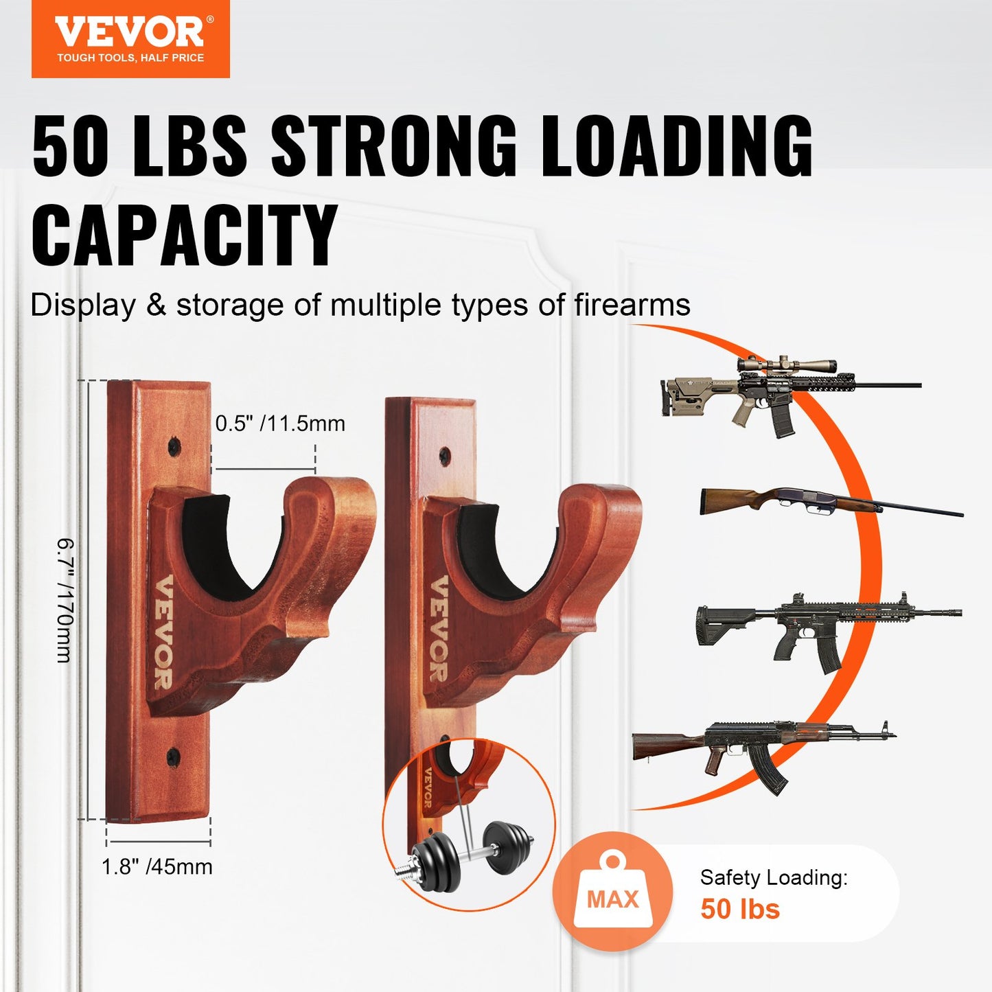 Wooden Wall Gun Rack - 50 lbs Capacity, Horizontal Gun Storage for Rifles & Shotguns